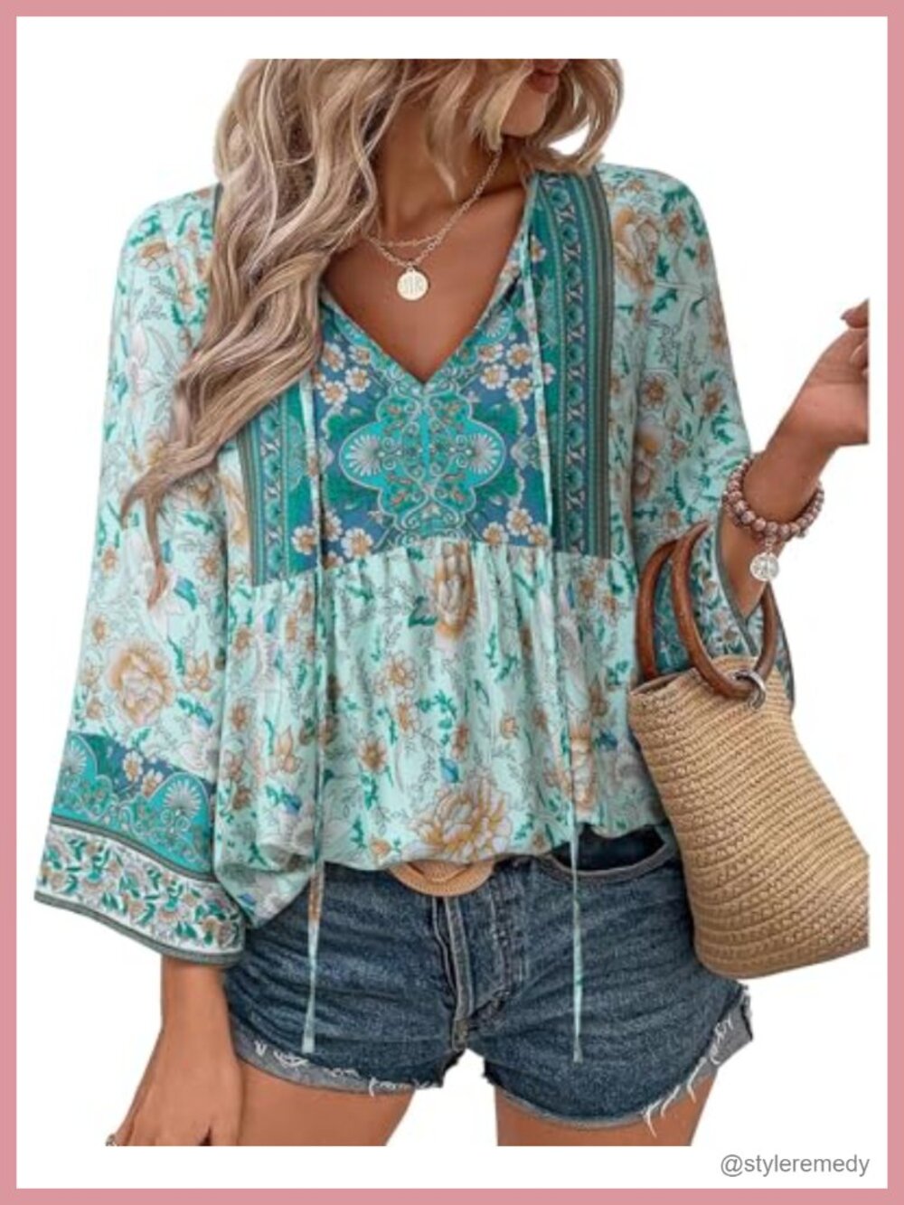 Boho Floral V-Neck Tie Front Blouse 3/4 Sleeve Rayon Loose Fit Womens Top